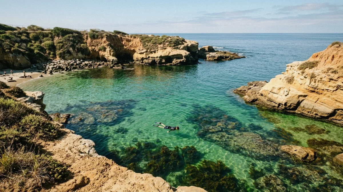 Glassy calm water at La Jolla Cove during the best time to snorkel La Jolla in late summer