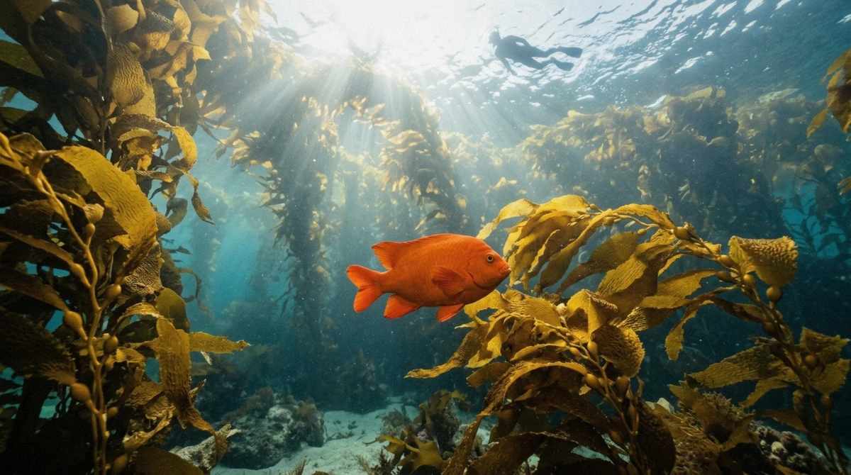 An orange garibaldi in the kelp forest during the best time to snorkel La Jolla in late summer