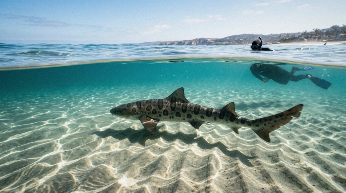 A leopard shark cruising the sunlit shallows during leopard shark season in La Jolla, San Diego