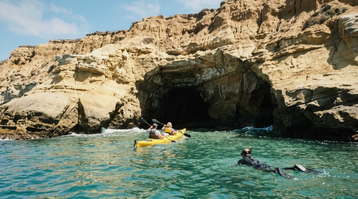 A snorkeler swimming along the sandstone cliffs while snorkeling the La Jolla sea caves near San Diego