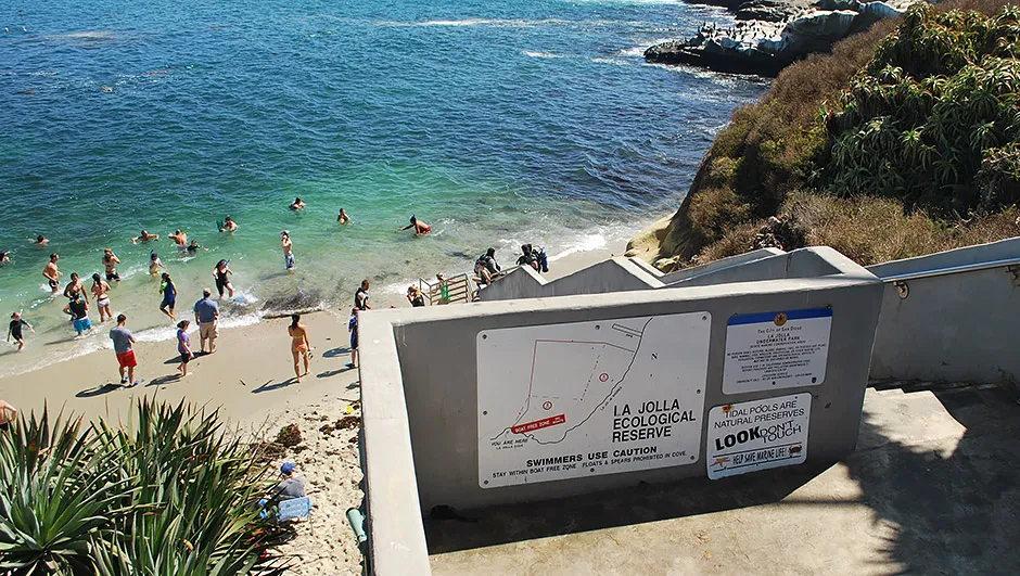 The stairs down to La Jolla Cove and the Ecological Reserve sign, San Diego